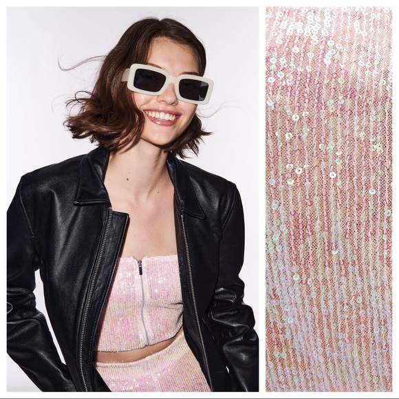 NWT. Zara Cream/Pink Sequinned Crop Top. Size M. - Picture 4 of 13